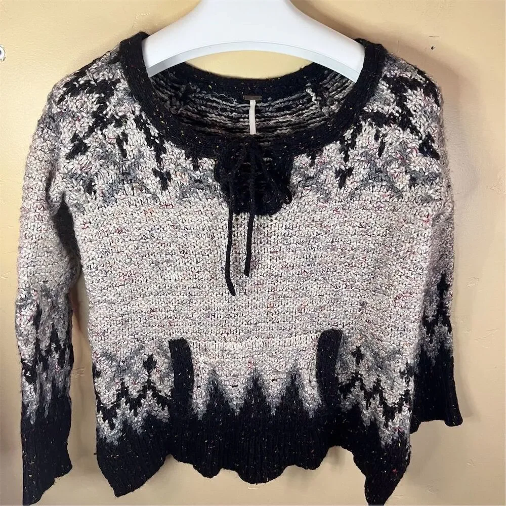 Free‎ People Love Bug Lace Up Womens Size Small Nordic Fair Isle Wool Bl Sweater